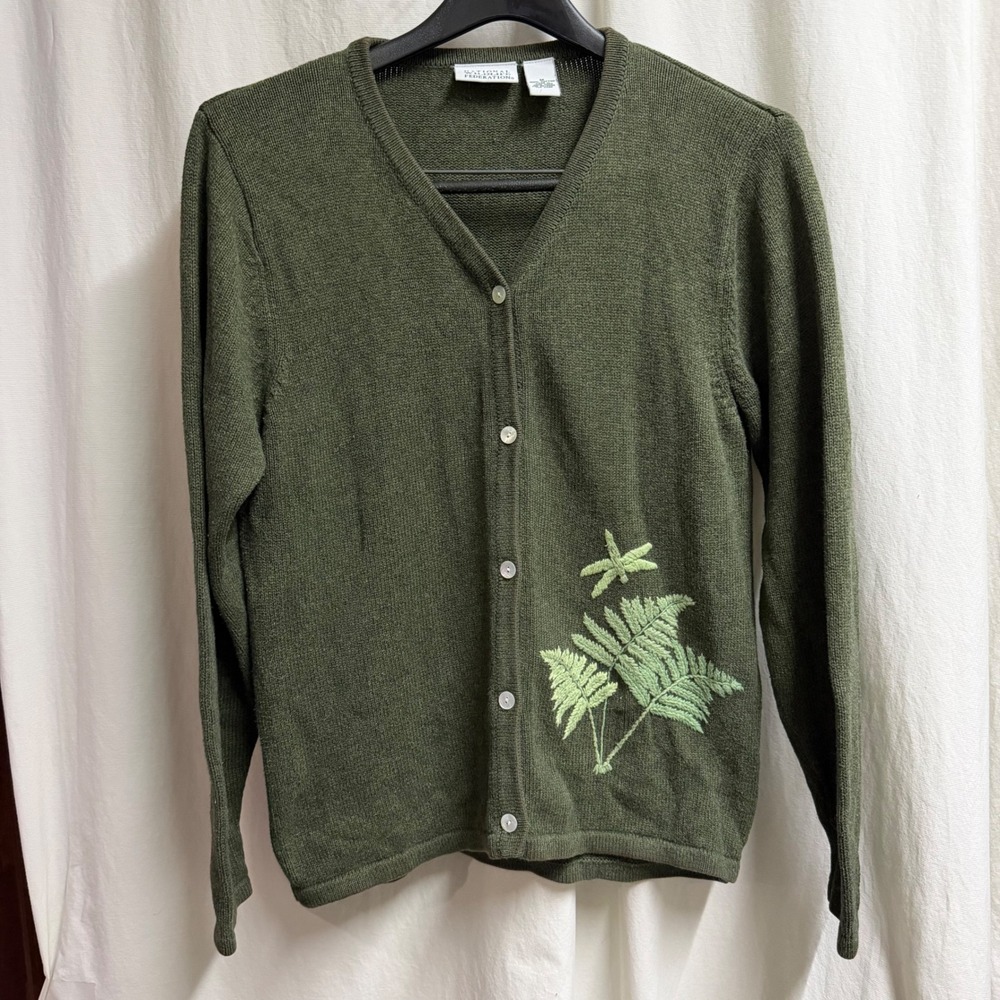 National Wildlife Federation Green Fern Dragonfly Embroidered Cotton Cardigan M